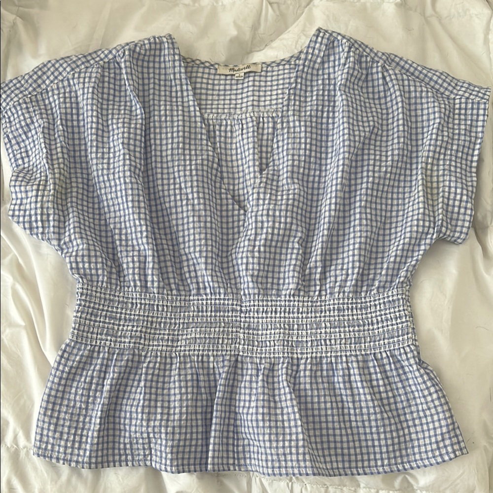 Madewell Blue and White Dolman Sleeve Peplum Blouse